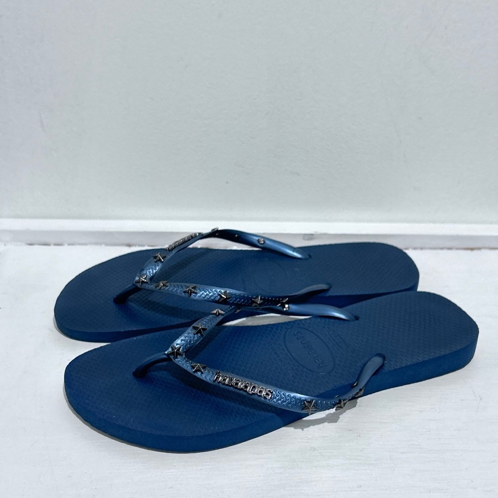 Havaianas Women’s Slim Navy & Gray Flip Flops w/ Metallic Star Studs‎ Size 39/40